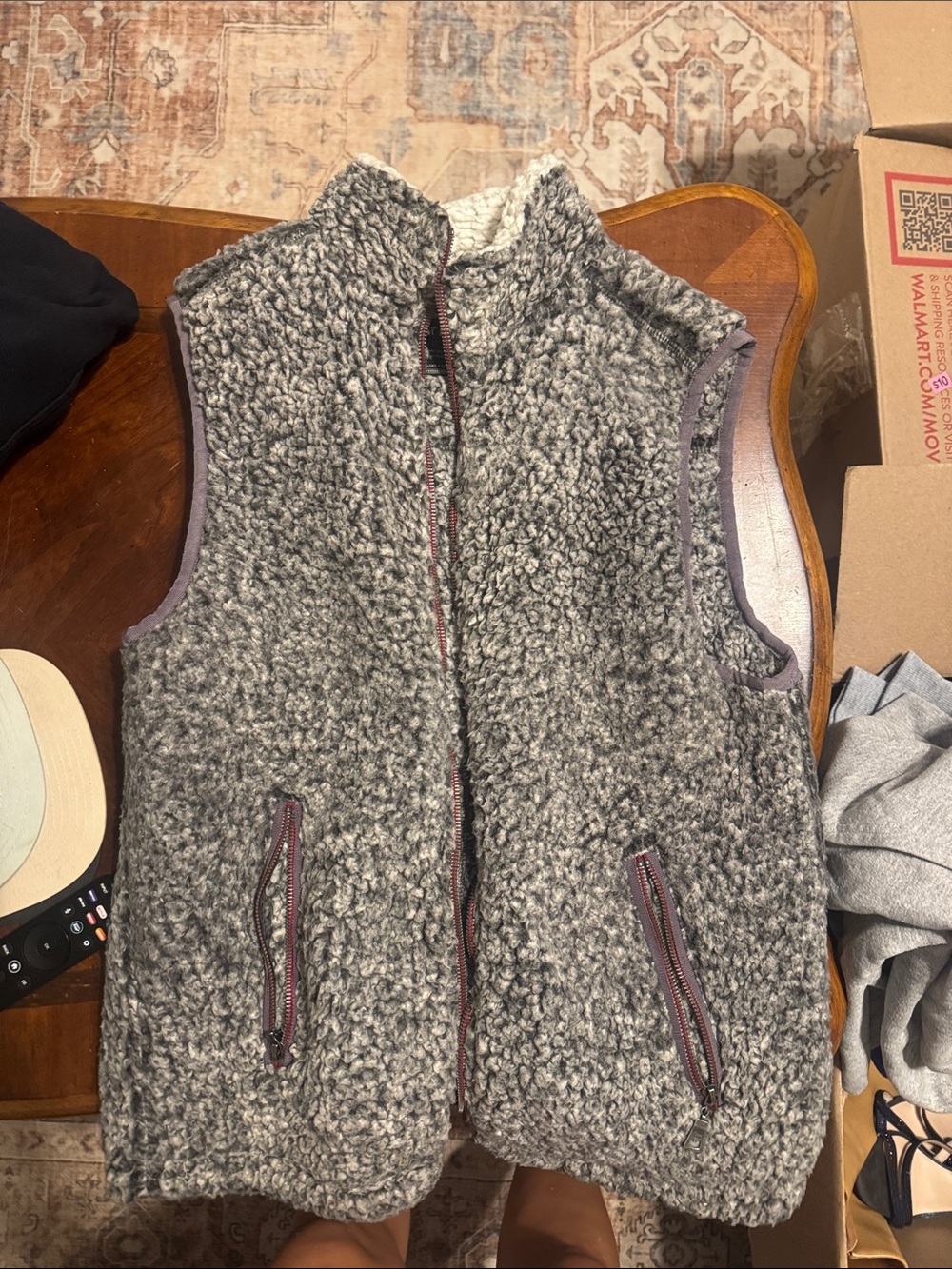 True Grit Gray Sherpa Vest with Maroon Trim